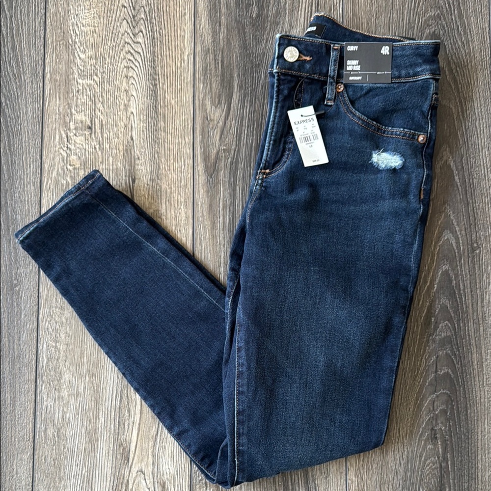 Express Curvy Blue Skinny Jeans with Distressed Details